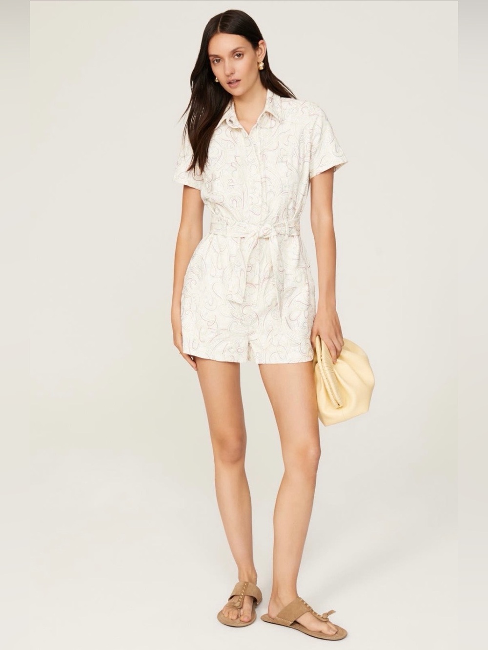 Shoshanna~Off-White Paisley Short-Sleeve Tie-Waist Ginger Romper~Size 4~$398~